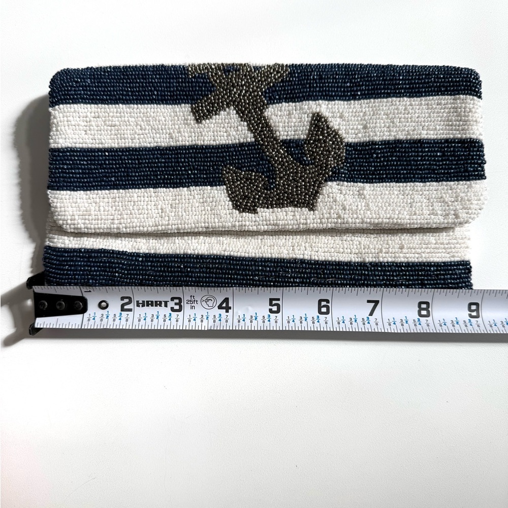 Hand Beaded Preppy Nautical Stripe Foldover Clutch - Picture 4 of 5